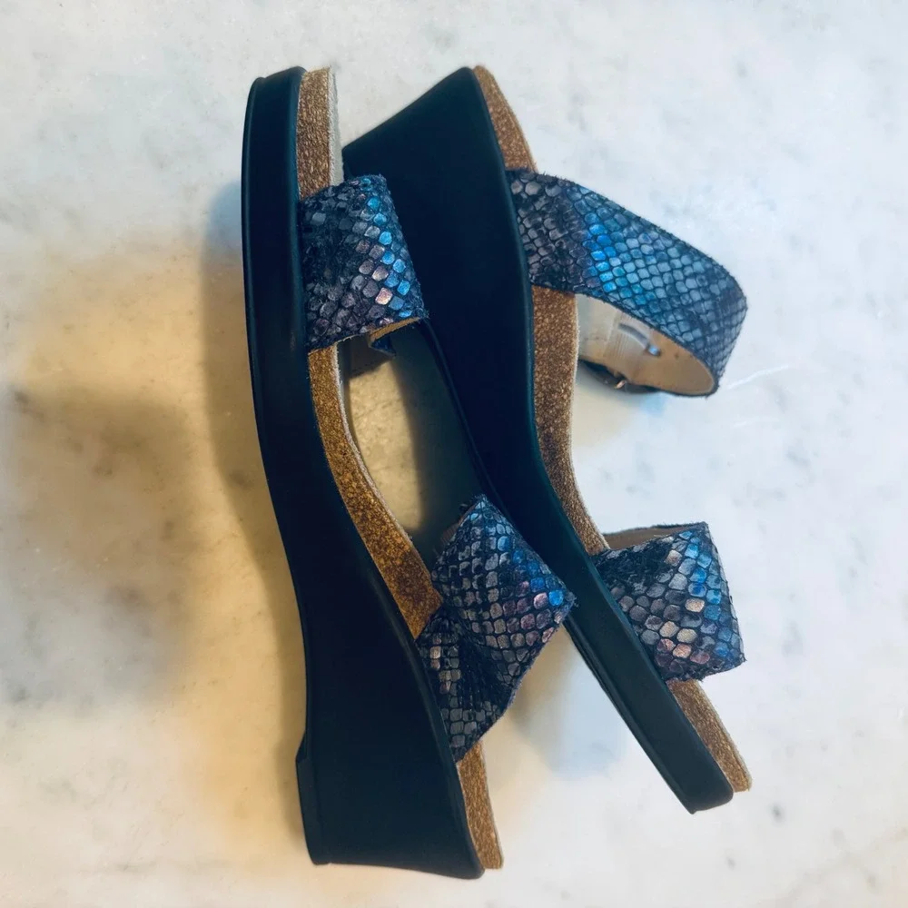 Mephisto Nadia Wedge Sandals‎ Snakeskin Leather Comfort Slides Size 37 - Picture 6 of 7